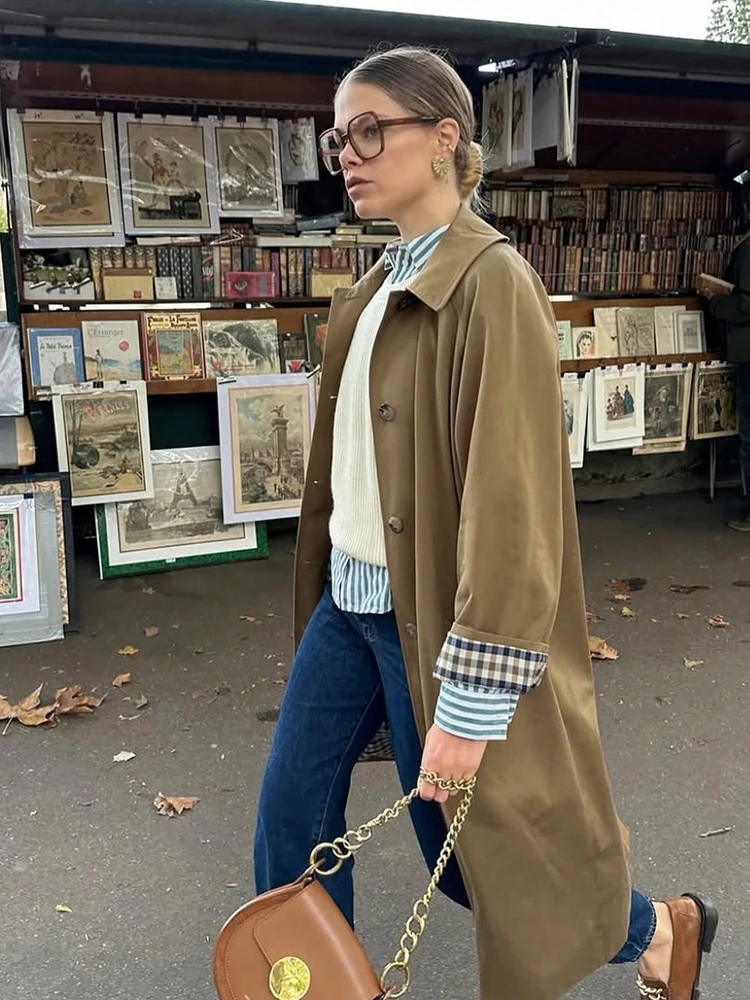 Autumn/Winter Fashion Outerwear Women's Check Print Front-Buttoned Casual Long-Sleeved Mid-Length Trench Coat 2025 New Arrival