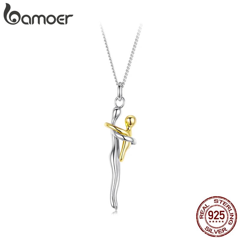 BAMOER 925 Sterling Silver Two-tones Hug Necklace, Detachable Mother and Child Pendant for Family Special DIY Love Jewelry