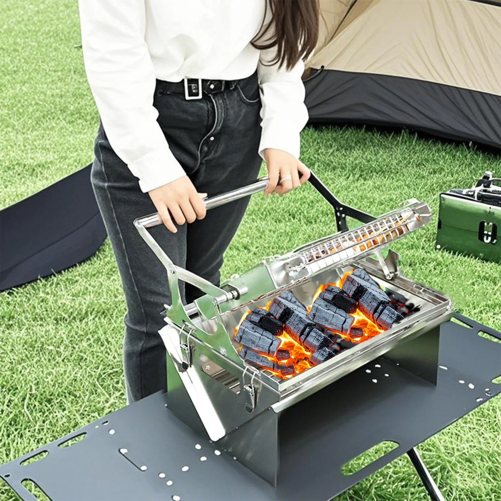BBQ Grill Camping Turnover The Top BBQ Grid Could Over Turn 360⁰ Through The Handle Charcoal Stainless Steel Grill Foldable