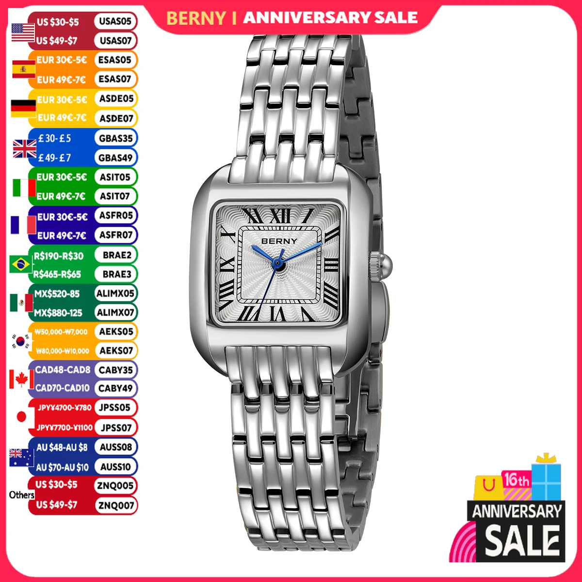 BERNY Luxury Brand Woman Watch New In High Quality S/S Square Ladies Quartz Watches Fashion Elegant Business Wristwatch