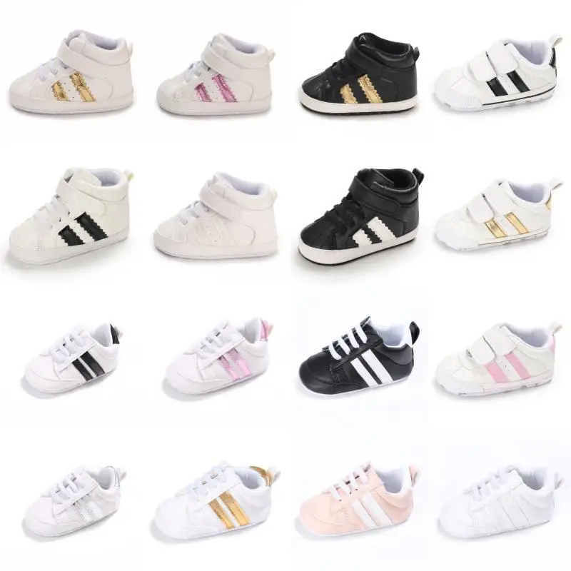 Baby Boys Girls First Walkers 0-12 Months Striped PU Sneakers Soft Sole Casual Fashion
