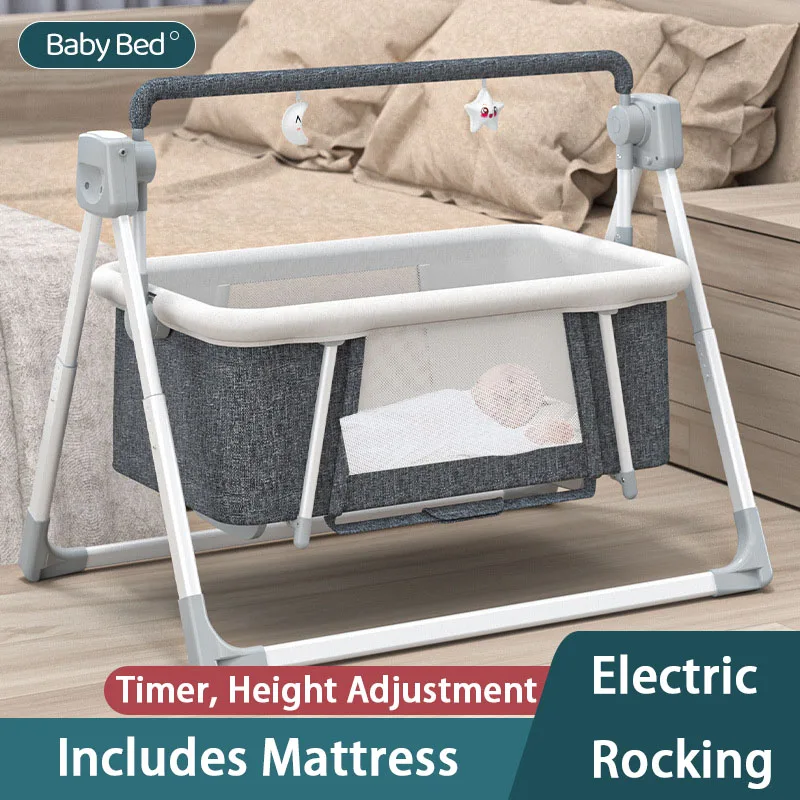 Baby Crib 2-in-1 Electric Multi-Function Rocking Height-Adjustable Cradle for Newborns with Mattress, Timer, Music, Mosquito Net