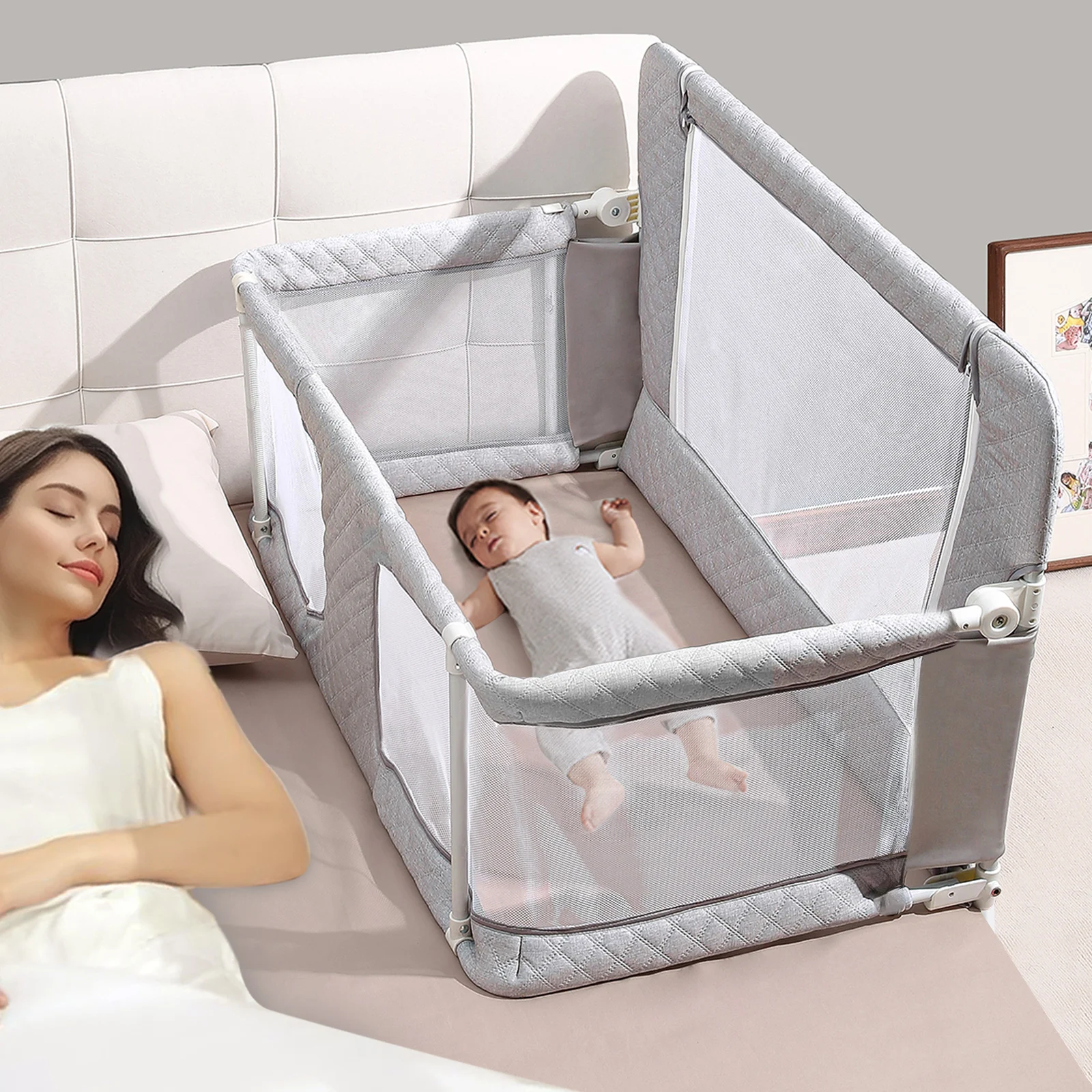 Baby Crib, 3-In-1 Folding Baby Crib Sleeper With Breathable & Visible Mesh Window, Washable Elastic Cloth Liner Cover Portable