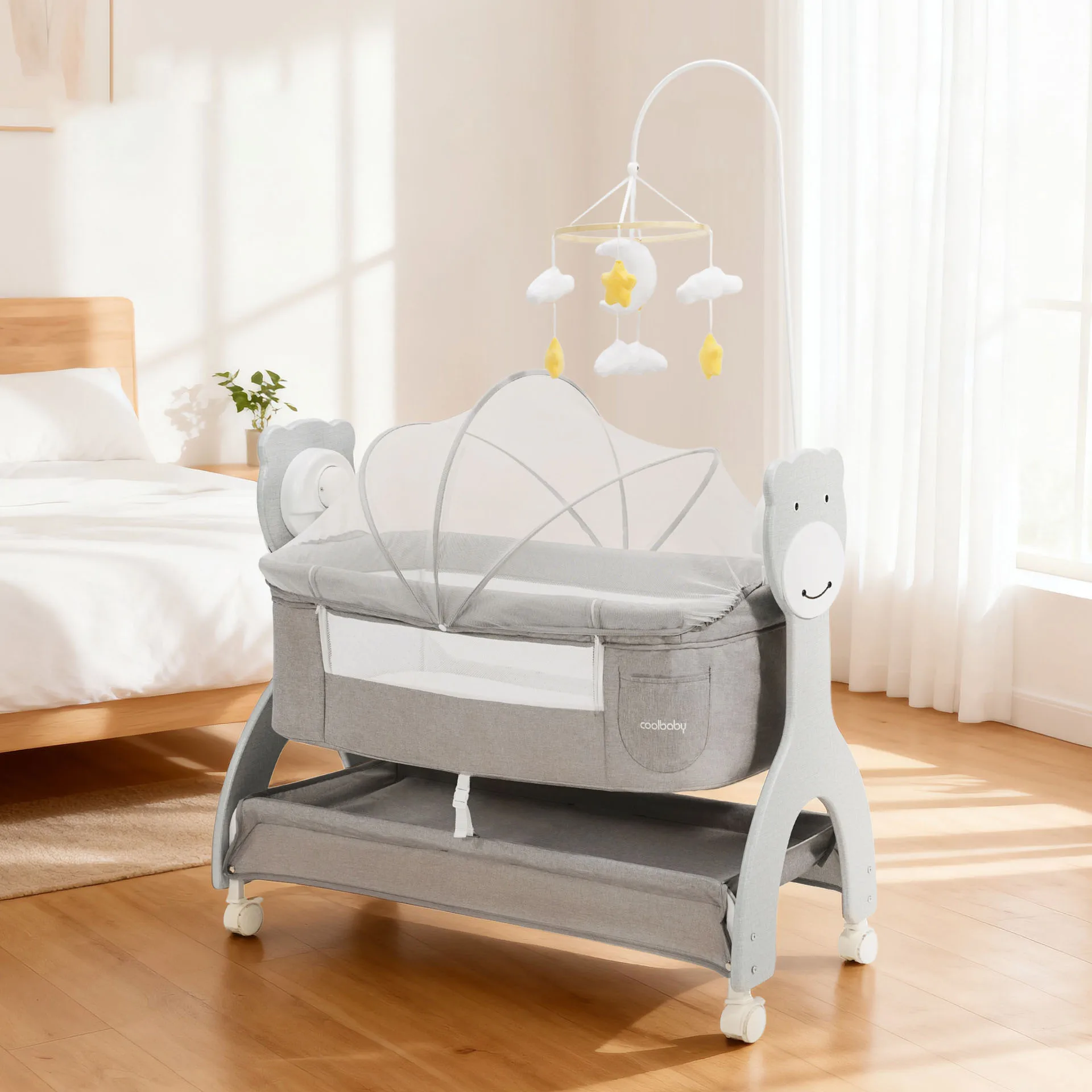 Baby Crib, Electric Rocking Cradle, Remote-Controlled, Music, Multi-Functional Newborn Bed with 3-Speed Rocking and Mosquito Net