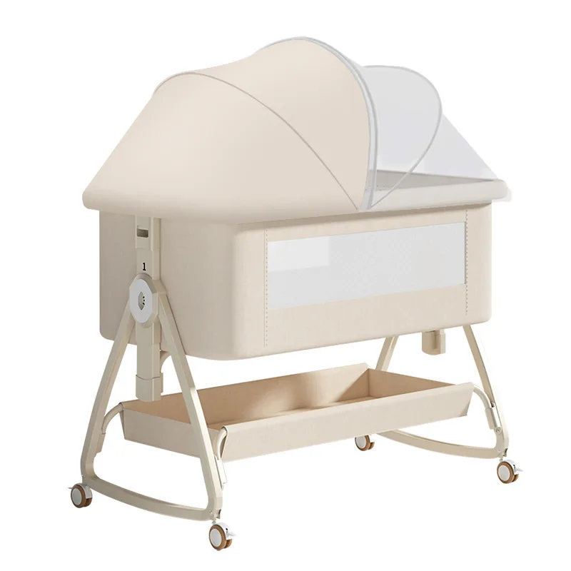 Baby Crib Portable Multifunctional Folding for Newborns with Changing Table Adjustable Height, Includes Mosquito Net and Wheels