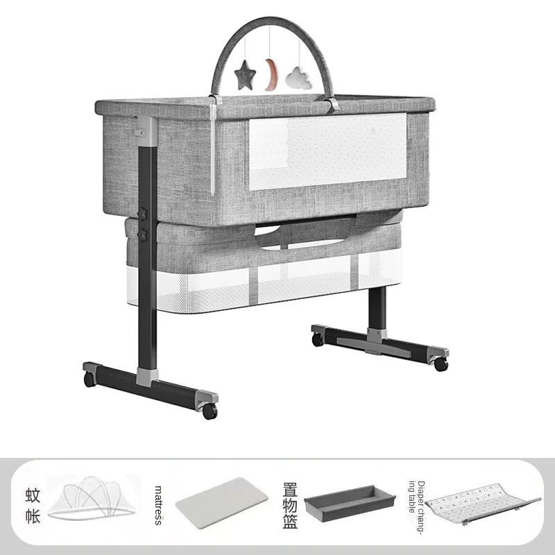 Baby Crib Toddler Bed Convertible Double Bed Multi-Functional Height Adjustment Includes Mosquito Net and Changing Table