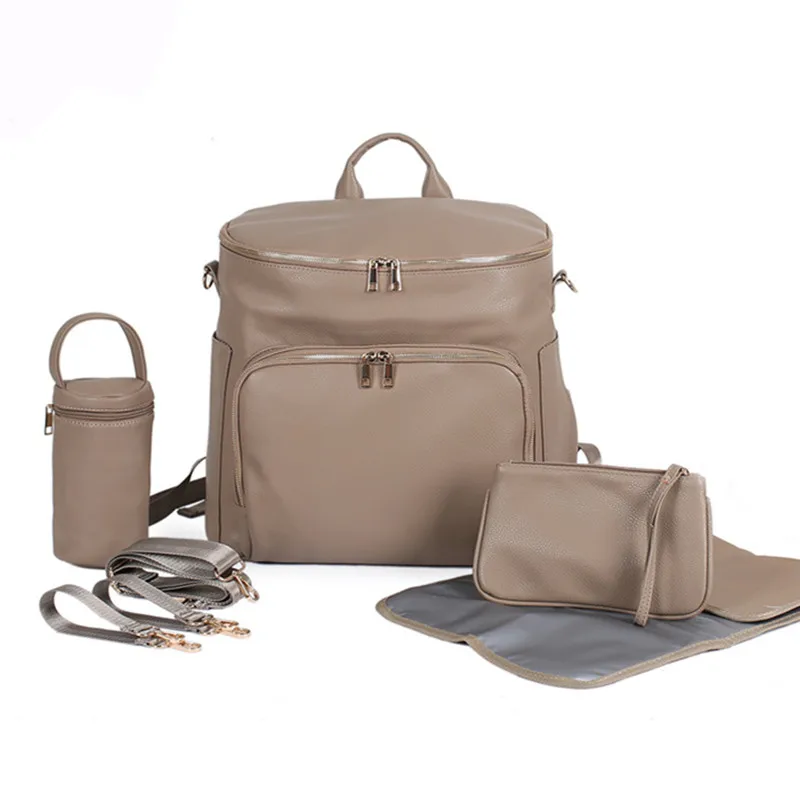 Baby Diaper Bag Backpack Solid PU Leather Mummy Maternity Bag Large Capacity Travel Back Pack Stroller Bags with Changing Pad