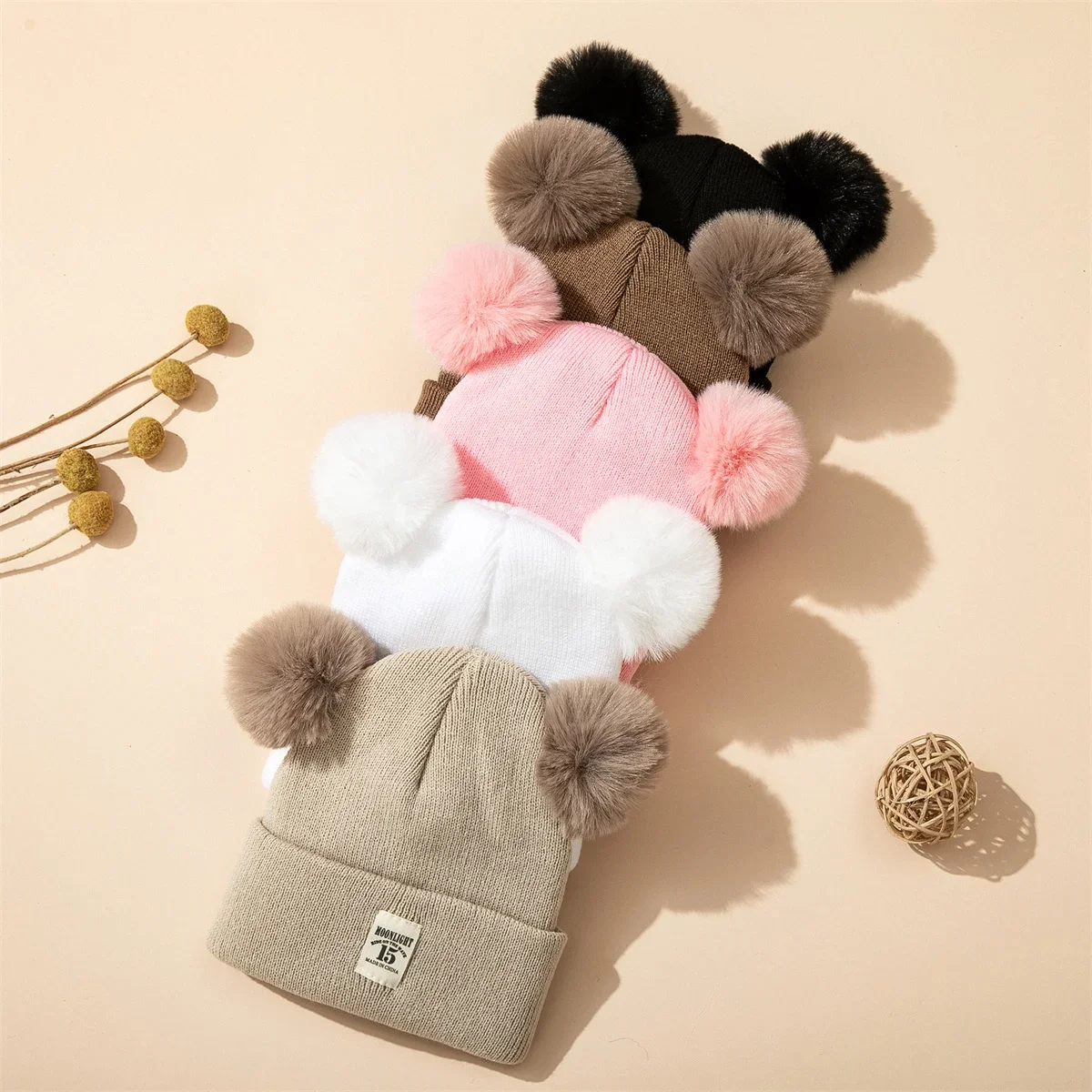 Baby Double Ball Knitted Hat For Winter Warm Soft Newborn Hat Baby Infant Bonnet Baby Cap for Girls Boys Kids