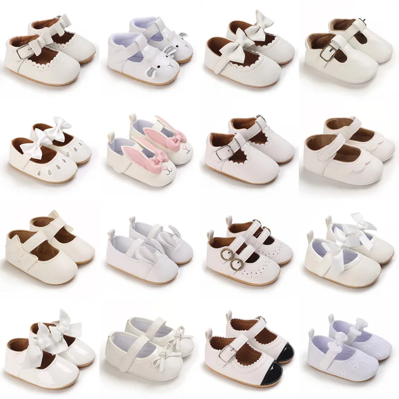 Baby Girl White Baptism Shoes Infant Toddler Bowknot Non-slip Rubber Soft-Sole Flat PU First Walker Newborn Bow Decor Mary Janes