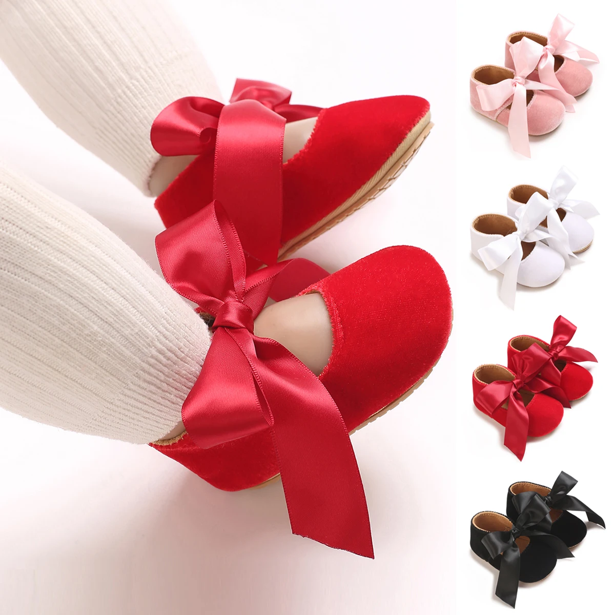 Baby Girls Princess Shoes Multi Color Velvet Soft Bottom Bow Shoes Anti Slip Newborn Infant First Walkers Shoes 0-18 Months