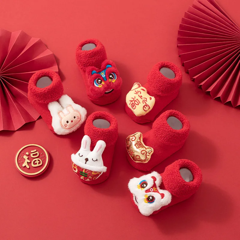 Baby Newborn New Year Long Socks Red Cute Carton Lion Boy Girl Anti-Slip Floor Socks Winter Thick Warm 0-3Y Kids Terry Socks