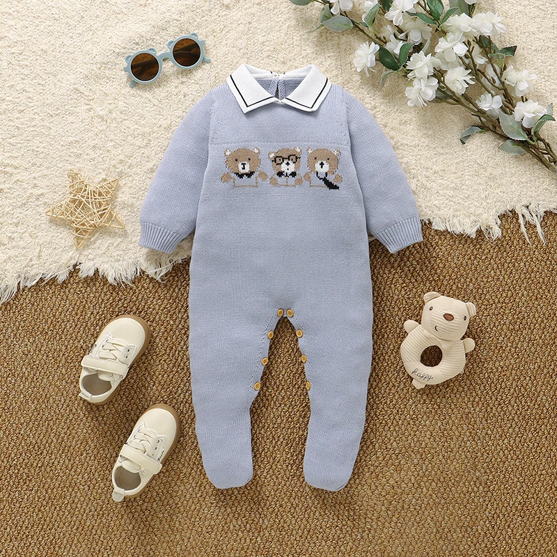 Baby Rompers Clothes Winter Turtle Neck Long Sleeve Knit Newborn Boys Cartoon Jumpsuits 0-9m Infant Playsuits One Piece Costumes