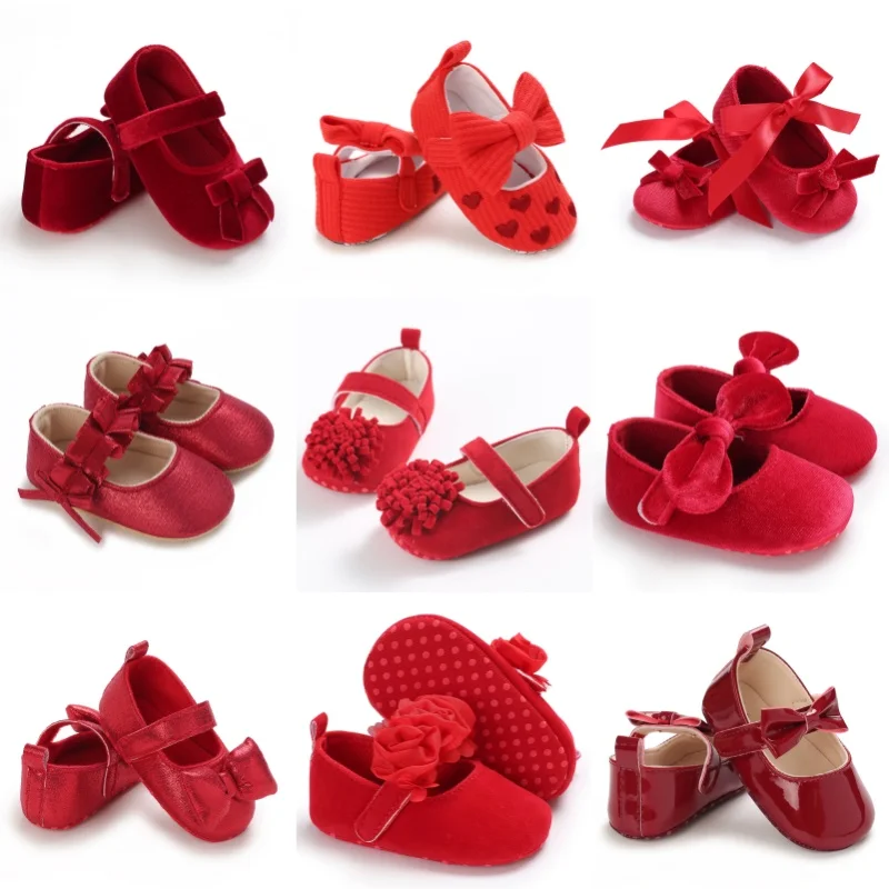 Baby Shoes Cute Baby Sweet Princess Style 0-1 Year Old Non slip Fabric Sole Newborn Red Holiday Walking Shoes 2023 New Ins Super