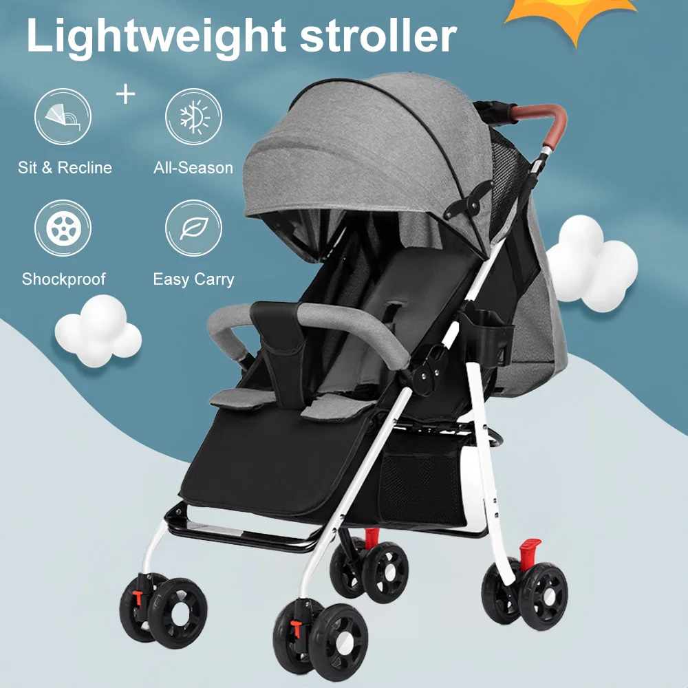 Baby Stroller 4 Wheels, Steel Frame 25kg Load Capacity Reclining Backrest Lightweight Portable Foldable Pushchair for Newborn