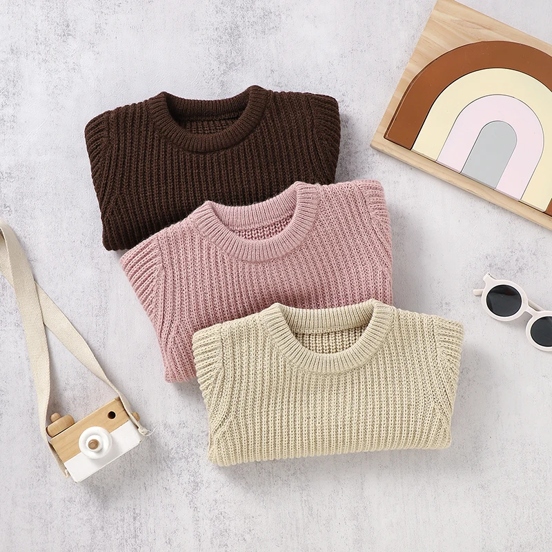 Baby Sweaters Casual Crew Neck Long Sleeve Knitted Newborn Boys Girls Pullovers 1-3Y Infant Unisex Solid Knitwear Toddler Jumper