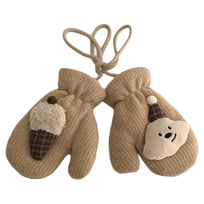 Baby's Fall & Winter Fleece-Lined Gloves Cute Cartoon Bear Mittens Christmas Warm Neck Strap Anti-Lost Kids Gloves