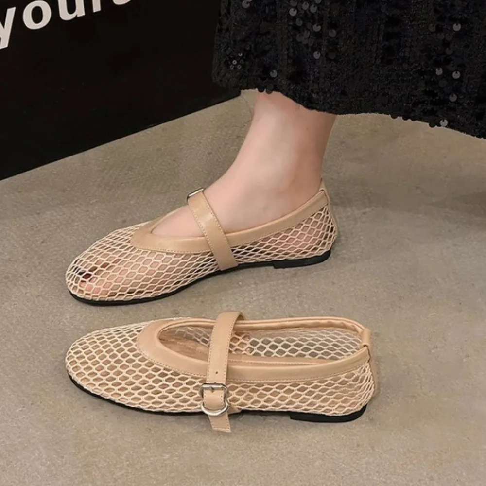 Ballet Flats Woman Flat Shoes Chic Design Hollow Out Lace Mary Jane Shoes Ladies Summer Sandals Breathable Mesh Zapatos