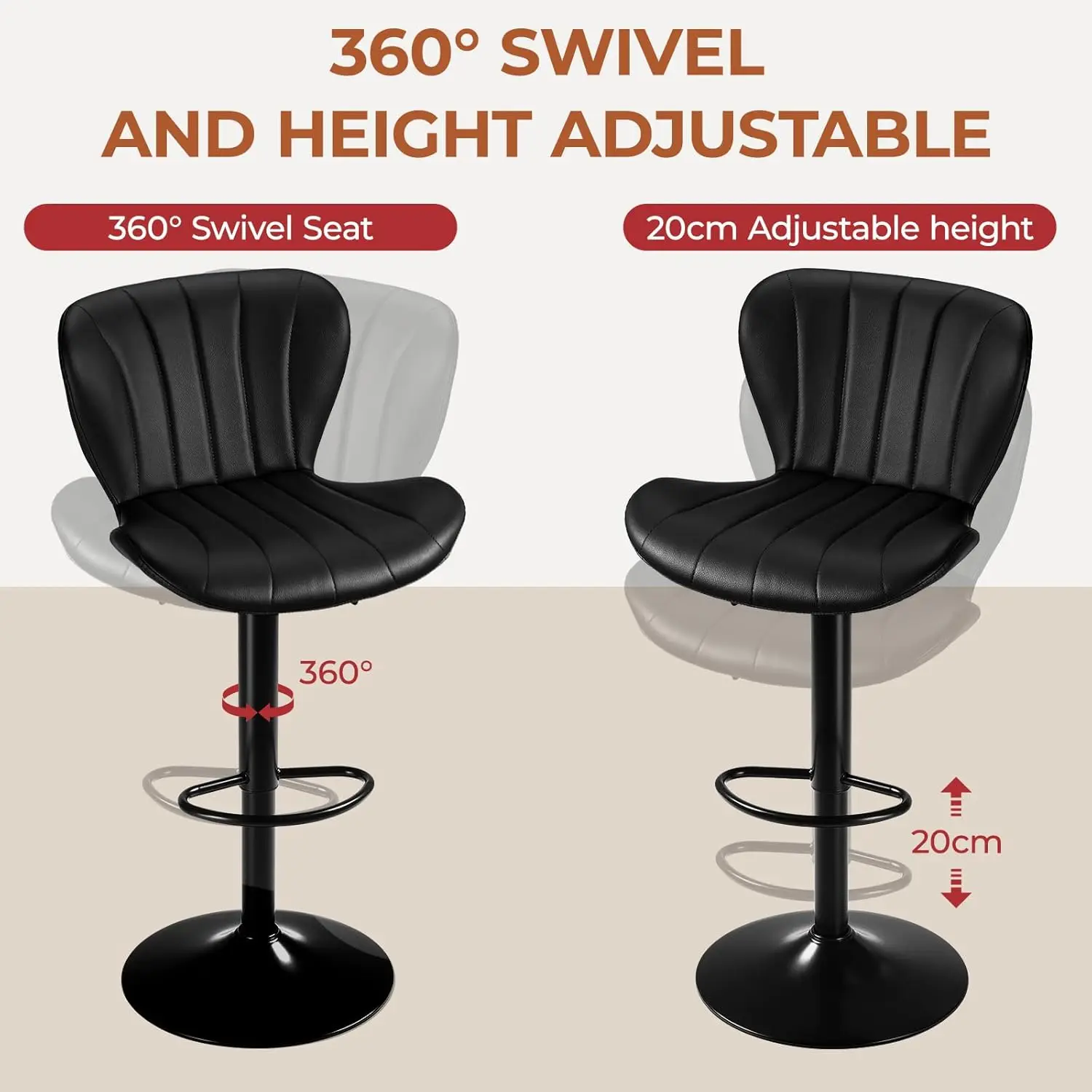 Bar Stools Set of 2 360° Adjustable Swivel Barstools,Counter Height Bar Chairs w/ Back, Well-Padded, PU Leather Black / Gray
