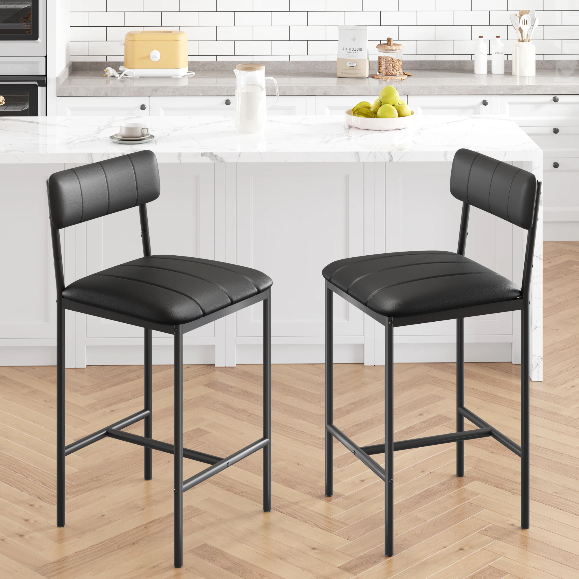 Bar Stools Set of 2, Counter Height Bar Stools with Footrest, PU Leather Kitchen Barstools, Bar Chairs with Back for Kitchen Isl