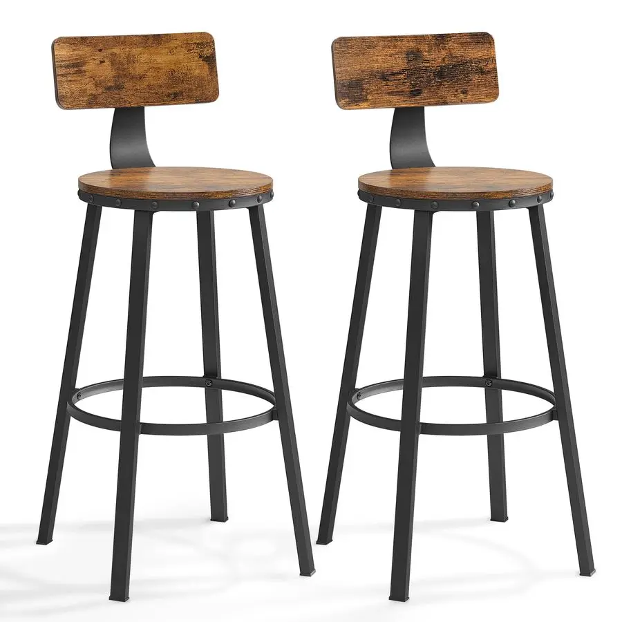 Bar Stools Set of 2, Kitchen Breakfast Bar Chairs, with Backrest, Steel Frame, 73 cm Tall Seat, Easy Assembly, Industrial Style