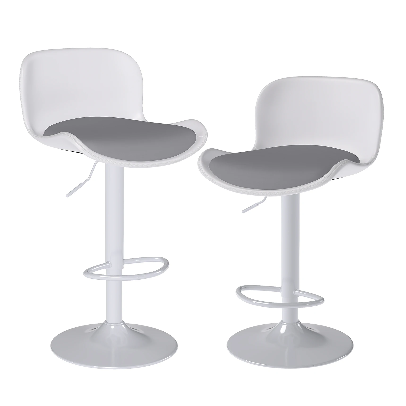 Bar stool Set of 2, 360° swivel chair, Height-adjustable, Barstool with backrest, imitation leather, White/Grey
