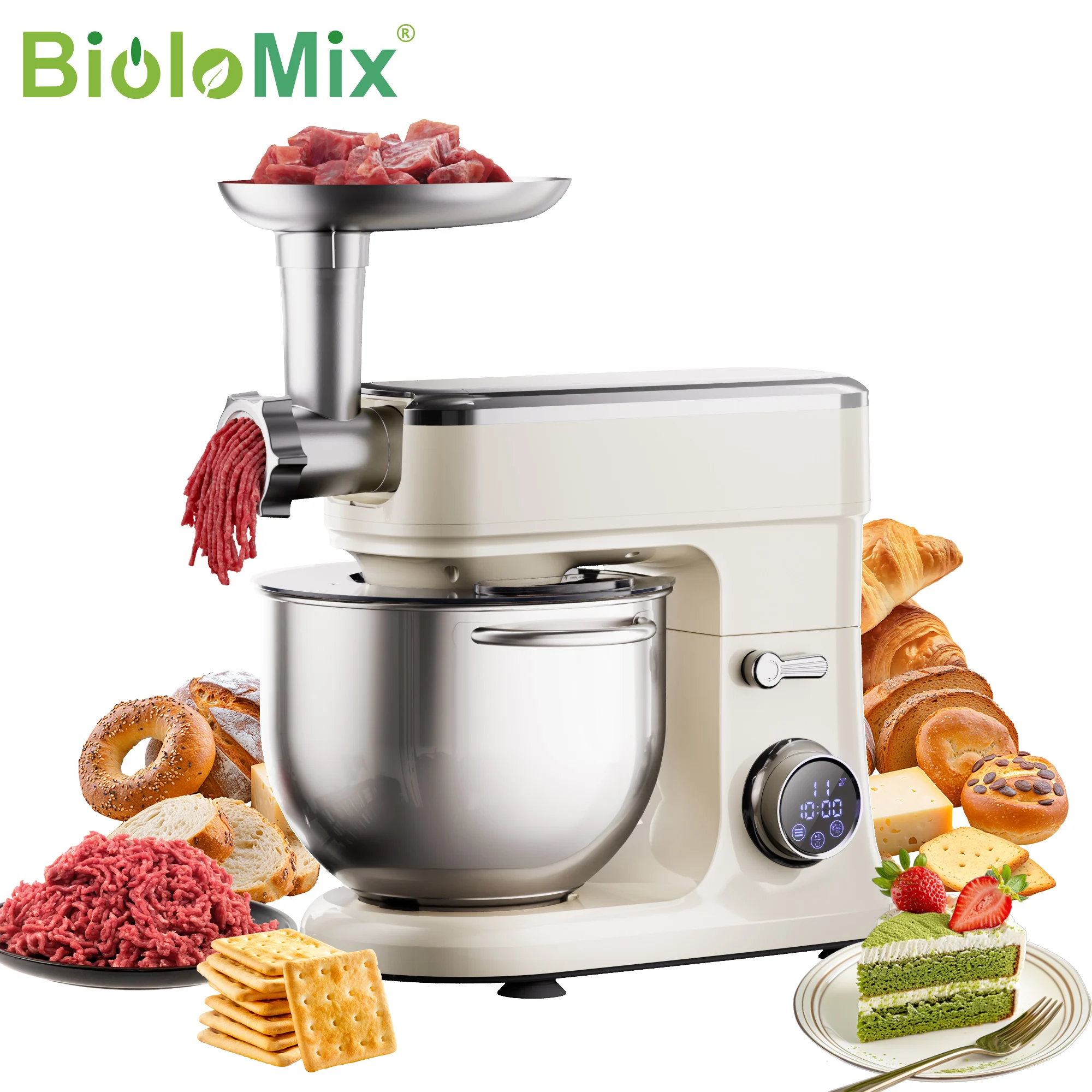 BioloMix 7L Food Mixers for Baking, 1200W DC Motor Stand Mixer, with Dough Hook, Whisk & Beater, Meat Grinder Attachment