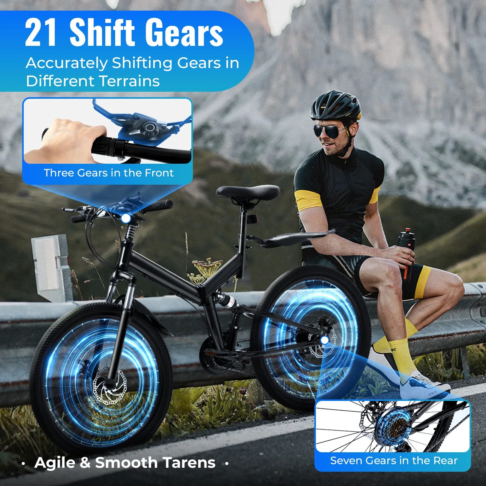 Black 26" Foldable Mountain Bike Carbon Steel - 21 Speeds (3 Front/7 Rear Gears), 220Lbs Max Load, Argon Arc Welding