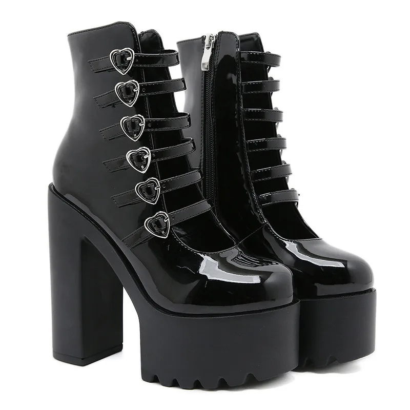 Block Heels Pumps for Women Fashion Buckle Straps Heart Design Dress Shoes Side Zipper High Heels Mary Jane Shoes Street Style