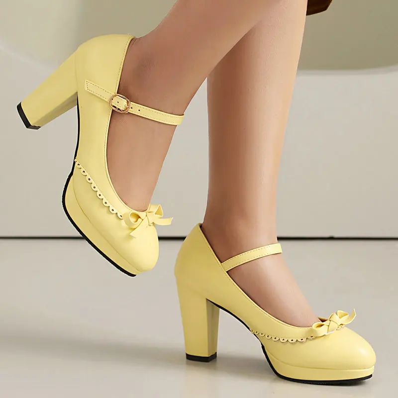 Bright Yellow Green CloseToe Sweet Lolita Women Pumps with Bowtie Brogue Design Platform Thick Block High Heels Mary Janes Shoes