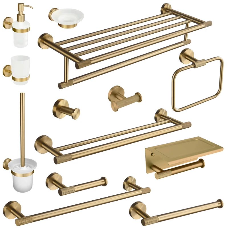Brushed Gold Bathroom Accessories Set Hardware Kit Wall Mount Hand Towel Bar Rack Toilet Roll Paper Holder Robe Hook Hanger