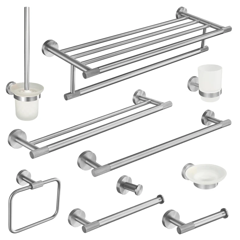 Brushed Nickel Wall-Mounted Towel Bar Toilet Seat Rack Robe Towel Hanging Towel Rack Toilet Brush Bathroom Accessories Set