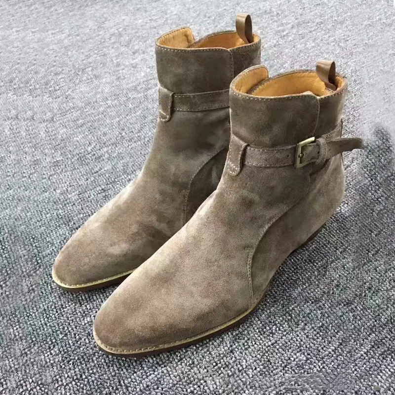 Buckle Men Chelsea Boots Handmade High-quality Cow Suede Khaki Fashion Winter Business Casual Mid-heel Ankle Men Shoes Boots