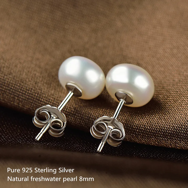 Buyee 925 Sterling Silver Female Stud Earring 8mm Natural Freshwater Pearl Bead Earring for Women Fashion Fine Jewelry Earring