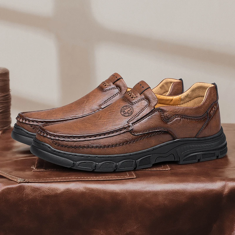 CLOHOO Men's Handmade Thick Rubber Bottom Breathable Casual Leather Shoes Classic Sewn Loafers Comfortable Leisure Footwear