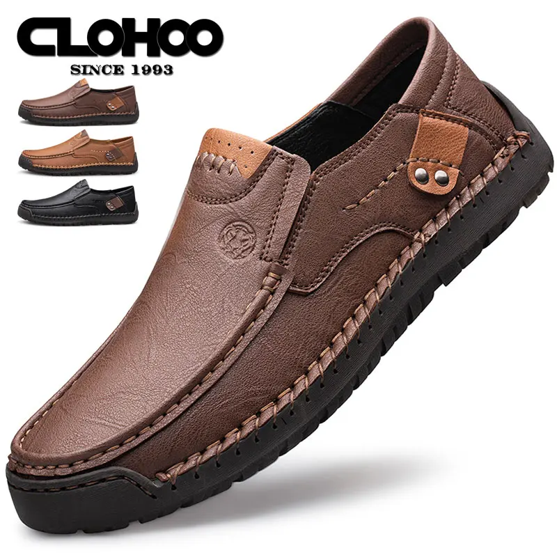 CLOHOO Men's Handmade Thick Rubber Bottom Breathable Casual Leather Shoes Classic Sewn Loafers Comfortable Leisure Footwear