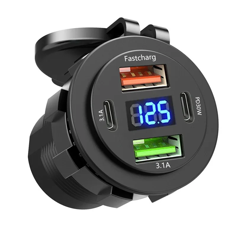 Car Charger Socket Dual Type-C & Dual USB 4Ports Fast Charging Socket Waterproof with Voltmeter 12V/24V For Car Boat Motorcycle