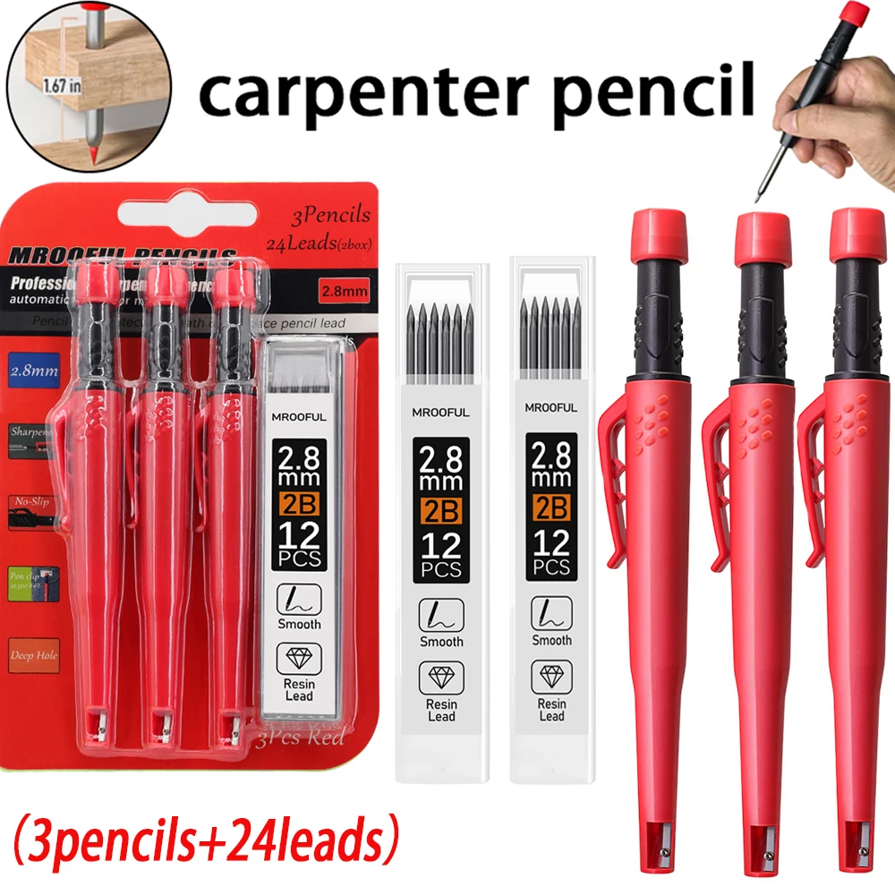 Carpenter's Pencil Card Set, Deep Hole Marking And Drawing, With 2.8mm 2Box Leads, For Carpenter Woodworking Architect