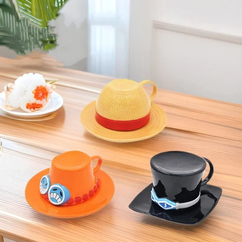 Cartoon Ceramic Mug Water Cup Sabo Luffy Ace Hat Shaped Coffee Cup Three Brothers Hat Creative Mugs Coffee Cup and Saucer Set
