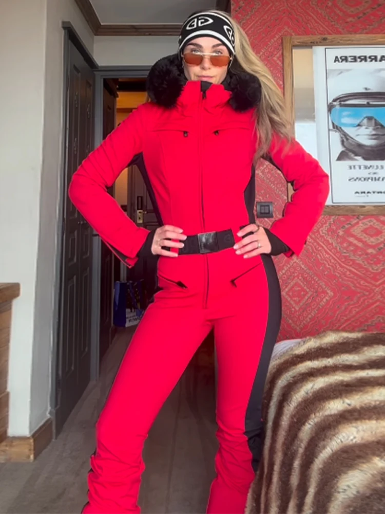 Casual Hooded Skiing Belted Jumpsuits Women Waterproof Full Sleeves Zipper Ski Suits With Pockets 2026 New Lady Contrast Outwear