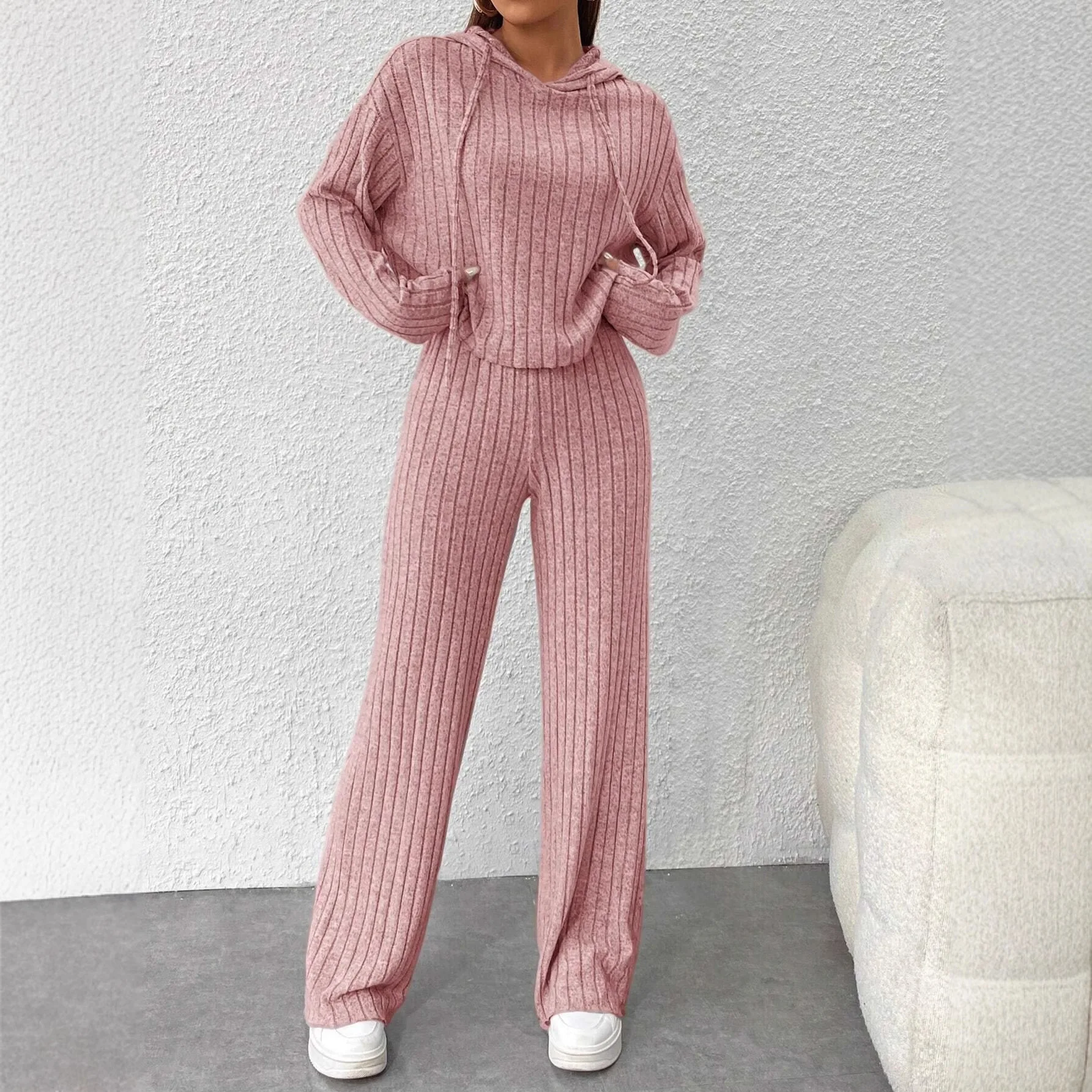 Casual Knitted Long Hoodie Loose Long Sleeve Long Pants Fashion Set Autumn Winter New Style Elegant Commute Pure Color Polyes...