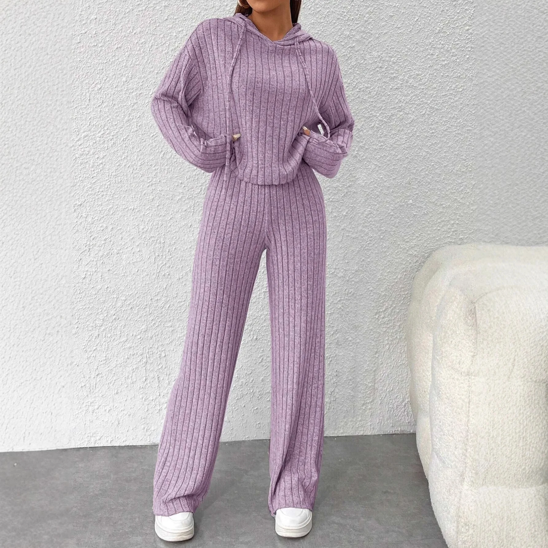 Casual Knitted Long Hoodie Loose Long Sleeve Long Pants Fashion Set Autumn Winter New Style Elegant Commute Pure Color Polyes...