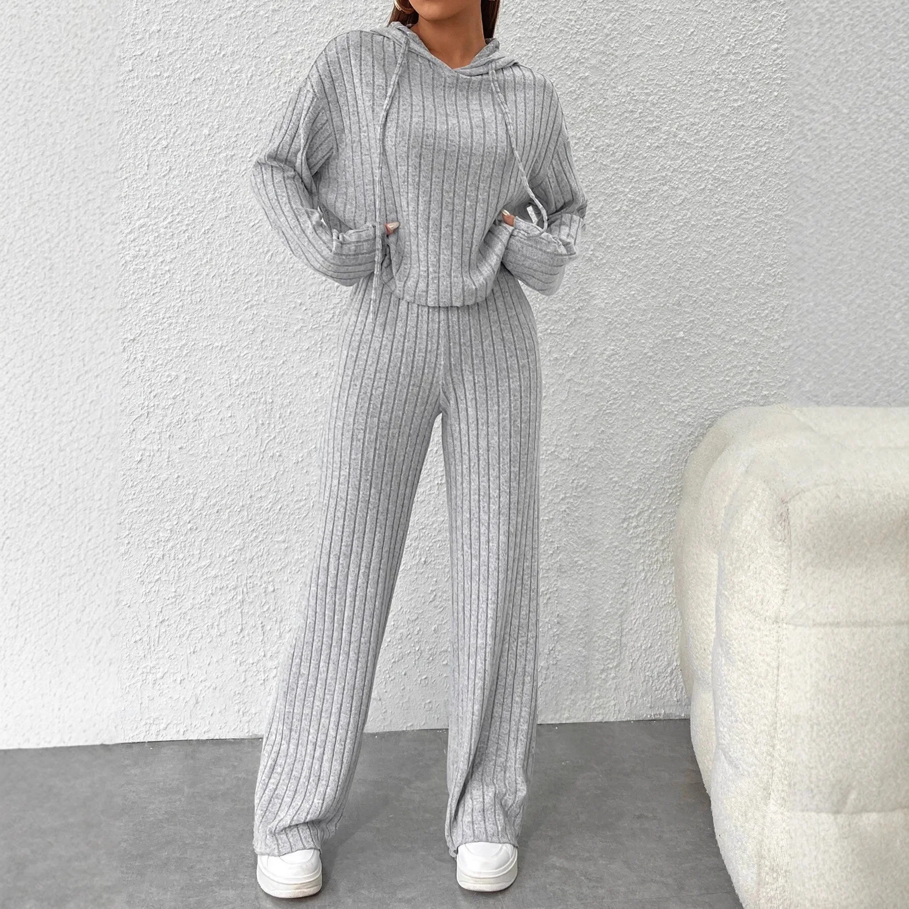 Casual Knitted Long Hoodie Loose Long Sleeve Long Pants Fashion Set Autumn Winter New Style Elegant Commute Pure Color Polyes...