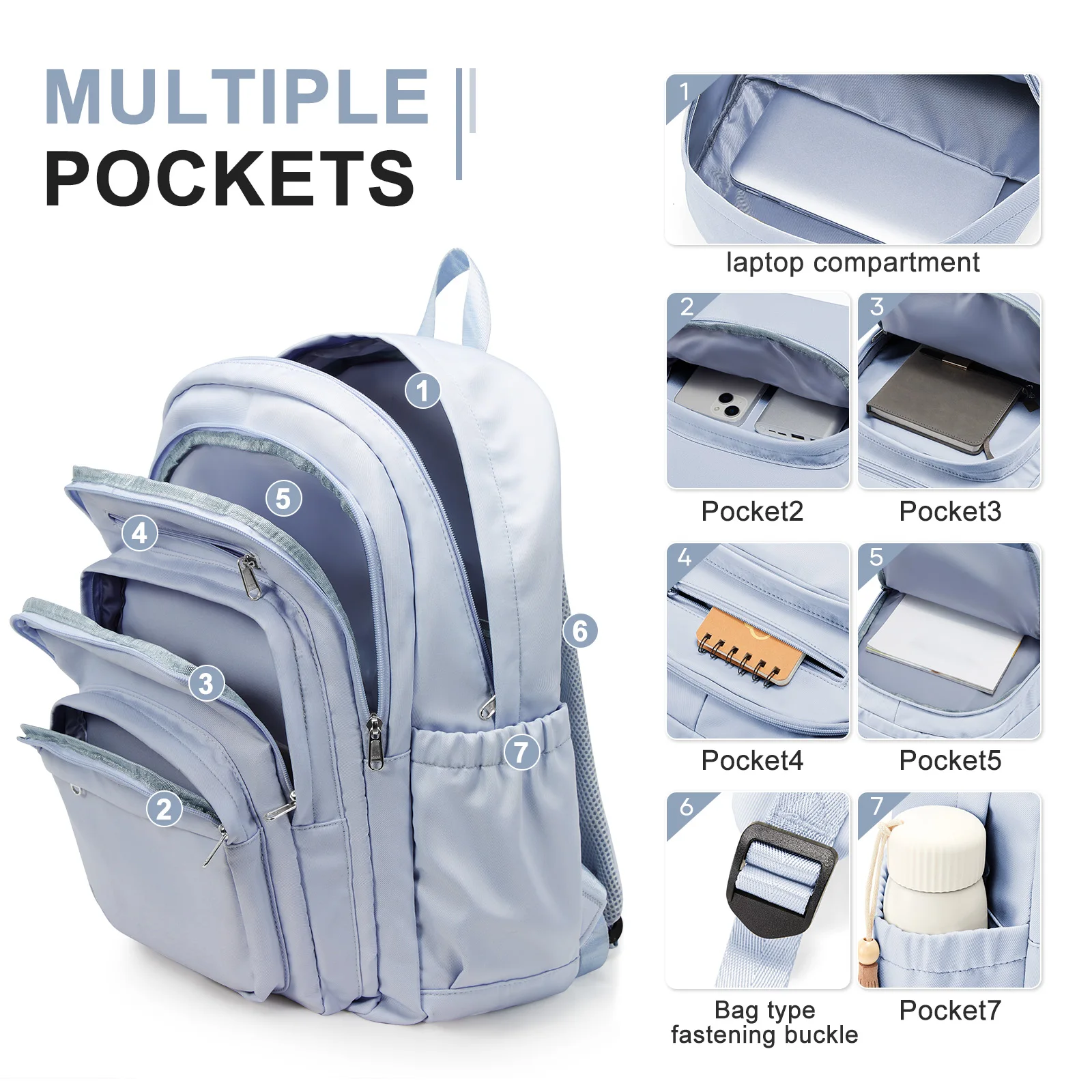 Casual Nylon Backpack, Backpack for Women, Multi-Pocket Design in Light Blue Durable for School, High School and College Bookbag