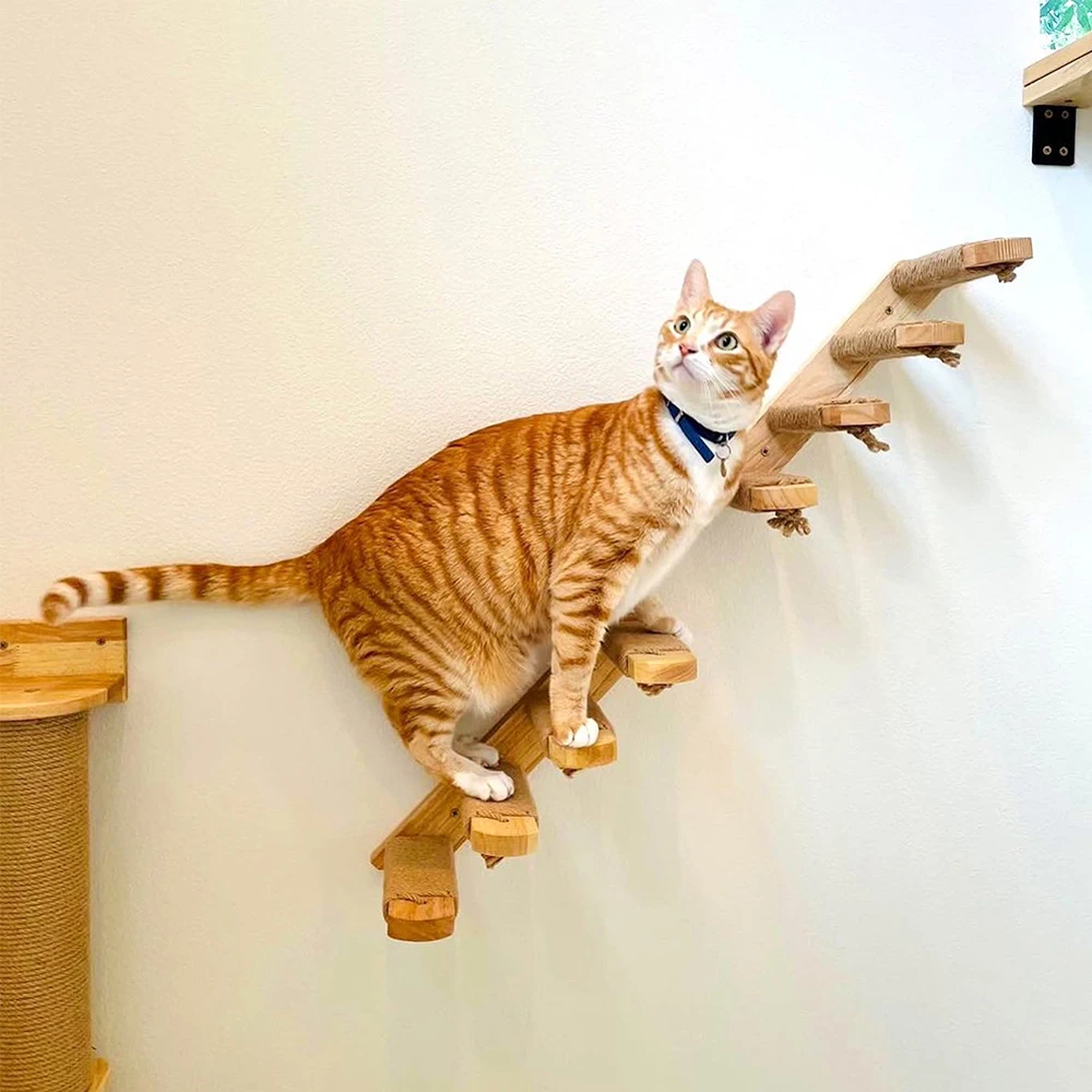 Cat Climbing Stairs Wall Mounted Steps Made of Wood and Sisal Rope Scratching Ladder Pet Furniture for Indoor Cats Playing Sleep