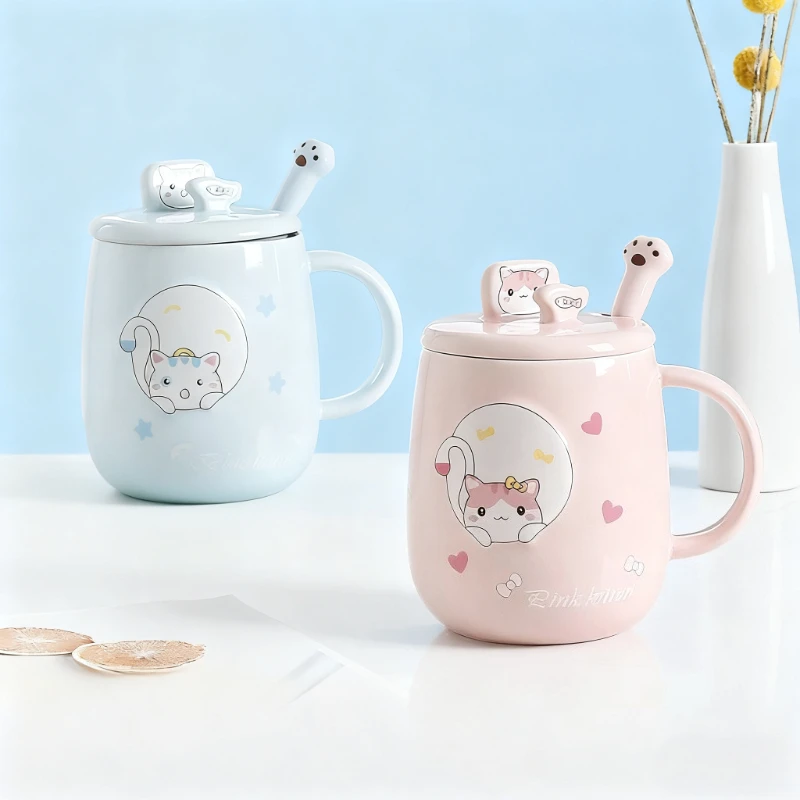 Cat-themed ceramic mug with lid and spoon cartoon style perfect for office or home use coffee cup mugs mug glass mug cup mugs