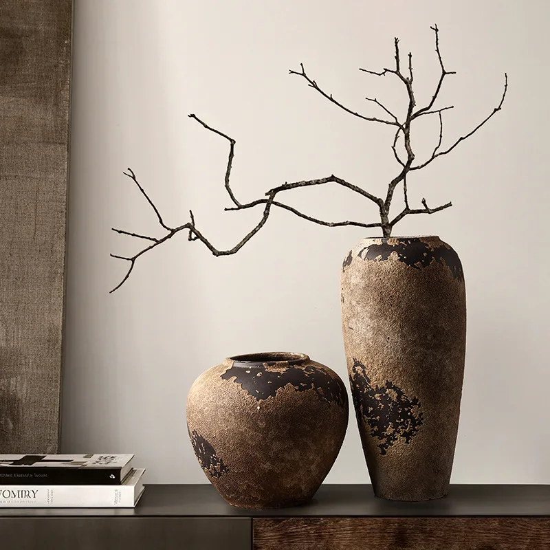 Ceramic Wabi Sabi Vase High End Retro Living Room Decor Dried Flower Arrangement TV Cabinet Porch Hotel Model Room Pottery Jar