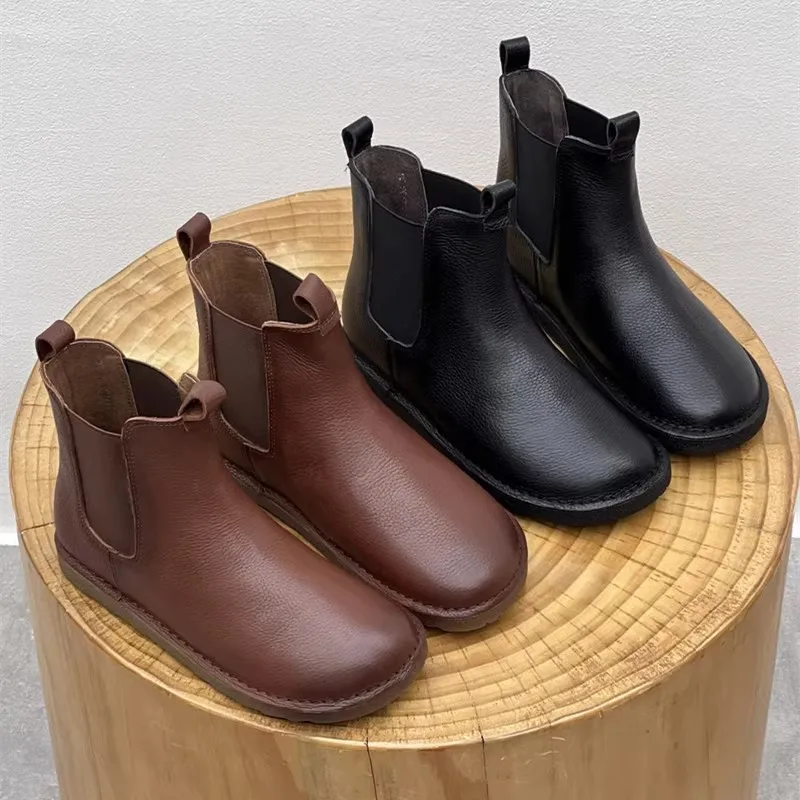 Chelsea Boots Barefoot Autumn Genuine Cow Leather Short Boots Soft Soles Comfortable For Women Wide Toes Shoes Light Weight