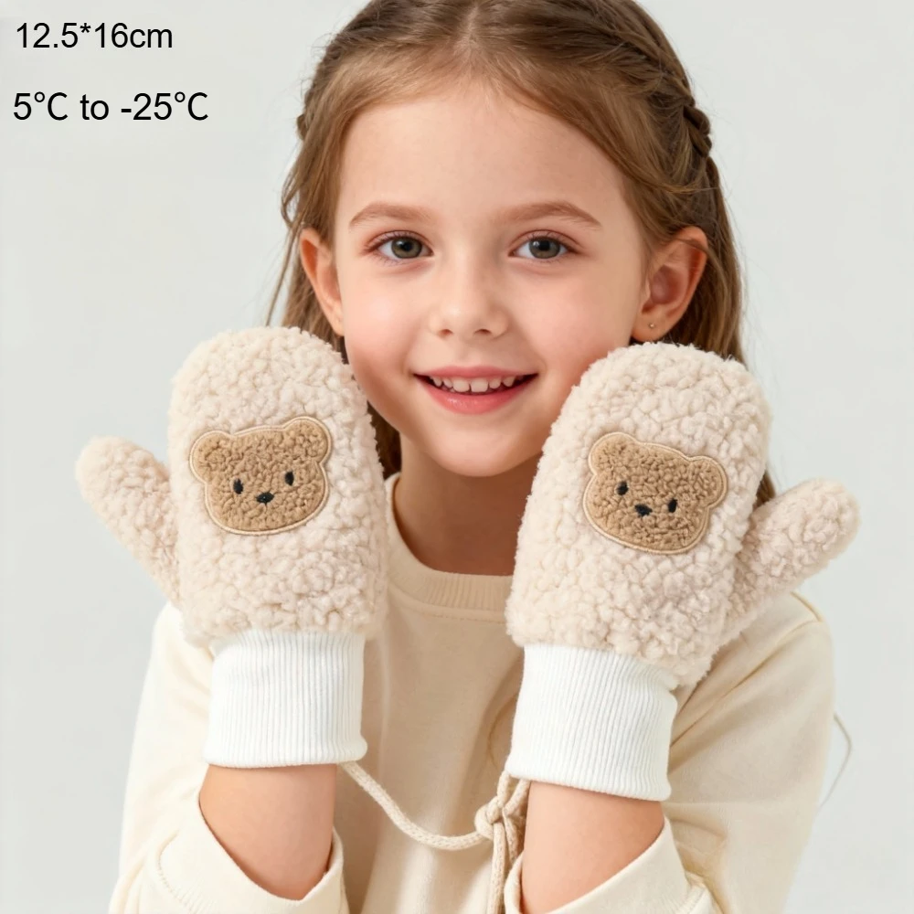 Children Winter Warm Cotton Gloves 3-7 Years Kids Baby Mittens Boys Girls Fleece Lined Thick Brown Cute Neckband Gloves