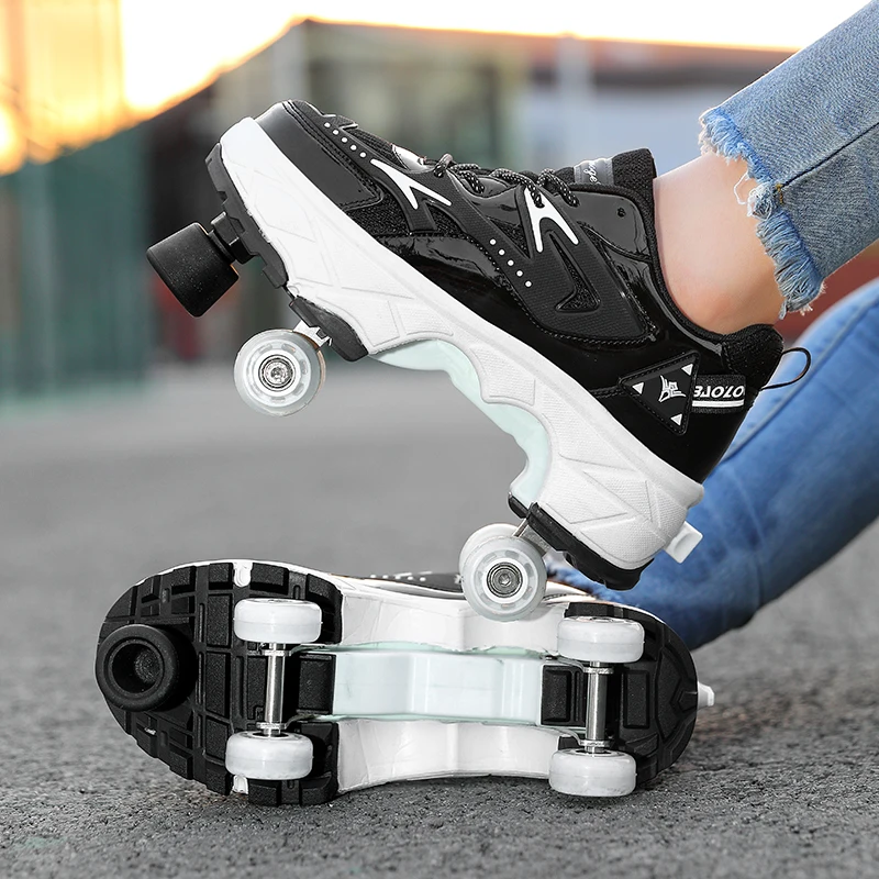 Children's Deformation Roller Skates Shoes with 4 Wheels Dual-use Racing Pulley Shoes for Boys and Girls Rechargeable Sneaker