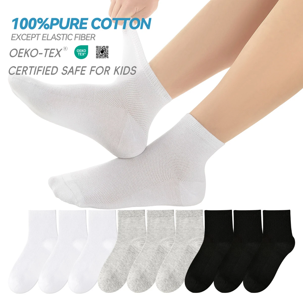 Children's Pure Cotton Mesh Boneless Summer Thin Ankle Socks OEKO-TEX Certified Safe for Kids Boys and Girls for School and Home